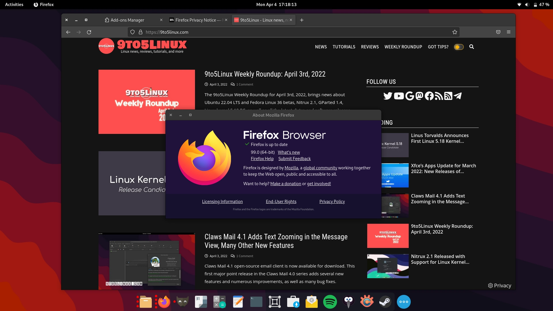 Mozilla Firefox 99 Is Now Available for Download with GTK Overlay Scrollbars