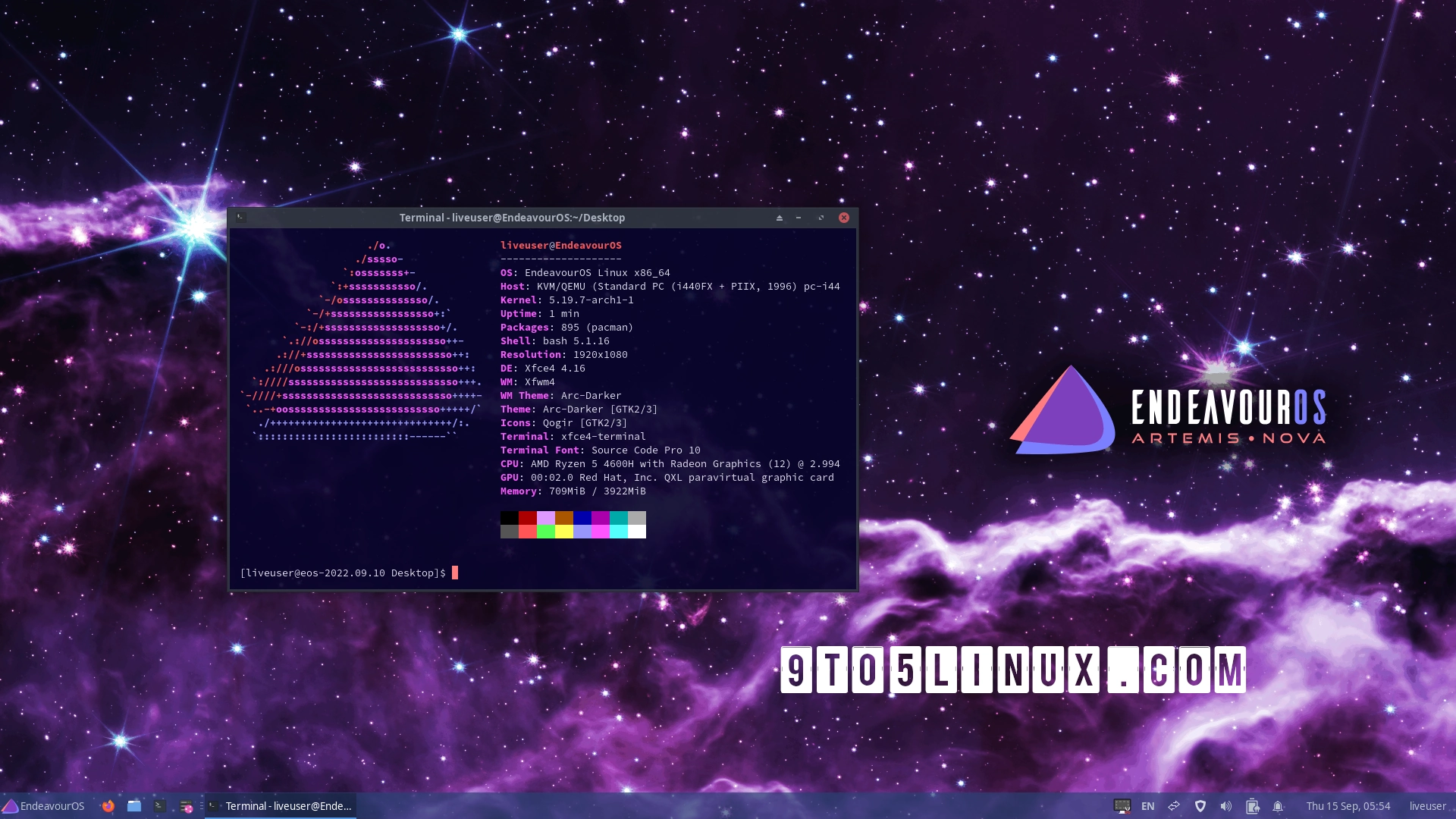 EndeavourOS Artemis Nova Released with Linux Kernel 5.19, Vanilla GRUB Experience